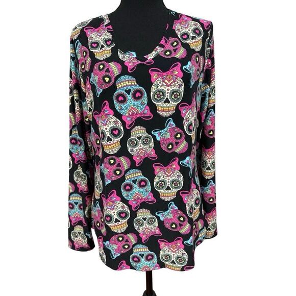 No Boundaries Tops - Women’s Junior Y2k Halloween Mexican Sugar Skull Colorful Super Soft Top Large